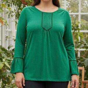 LIZ CLAIBORNE Bell Sleeve Pullover Blouse, Women’s Medium Tall, Green